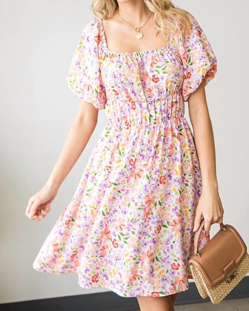 Front of a model wearing a size Large Blushing Beauty Dress in Coral Multi in Coral Multi by First Love. | dia_product_style_image_id:339255